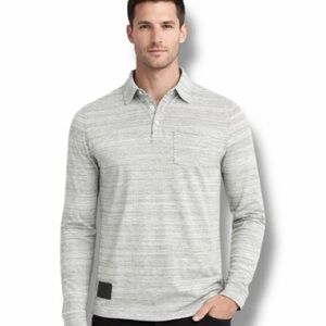ZIMEGO Men’s Long Sleeve Knit Polo Shirt – Heather Gray Striped – Size M